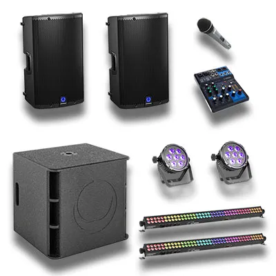 Eventpaket Litet med två högtalare, subwoofer, mixer, mikrofon och LED-belysning