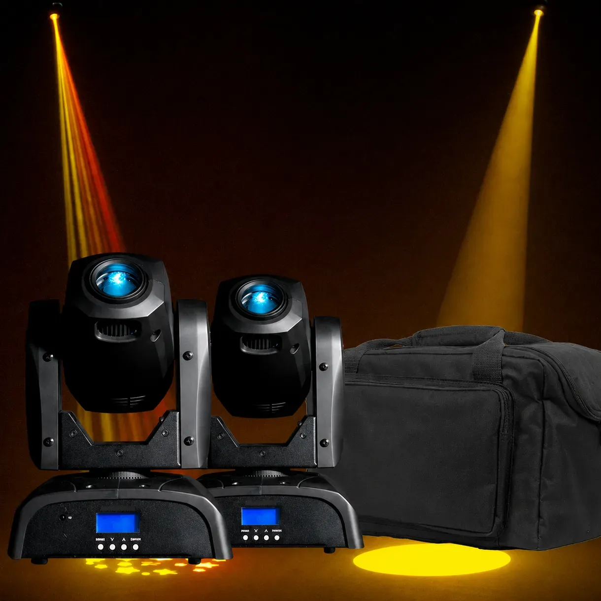 pocket moving heads med gigbag som lyser mot publiken